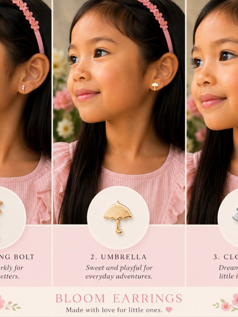 Bloom Fashion Stud Earrings - 3 Pairs (lighting rod, umbrella and cloud)